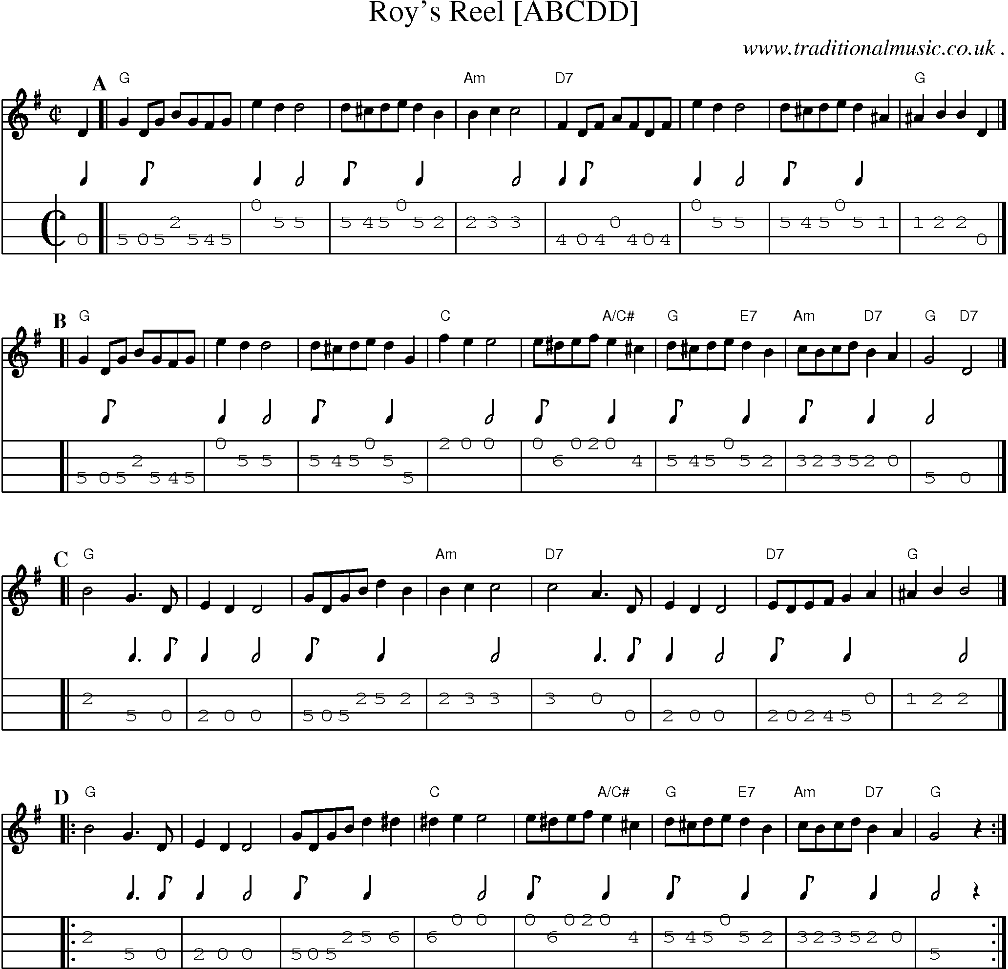 Sheet-music  score, Chords and Mandolin Tabs for Roys Reel [abcdd]